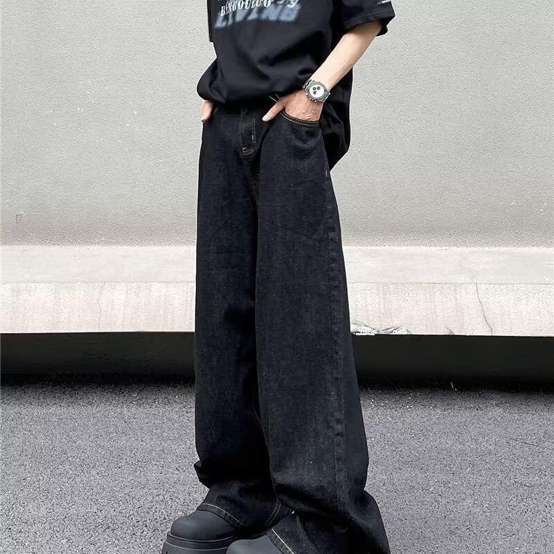 American retro denim primary color jeans men's loose straight wide legs mopping lazy loose drape pants