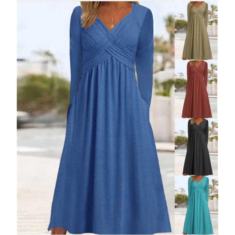 Fashion Women Dress Casual Ladies Skirt Solid V-neck Long sleeve dress Women