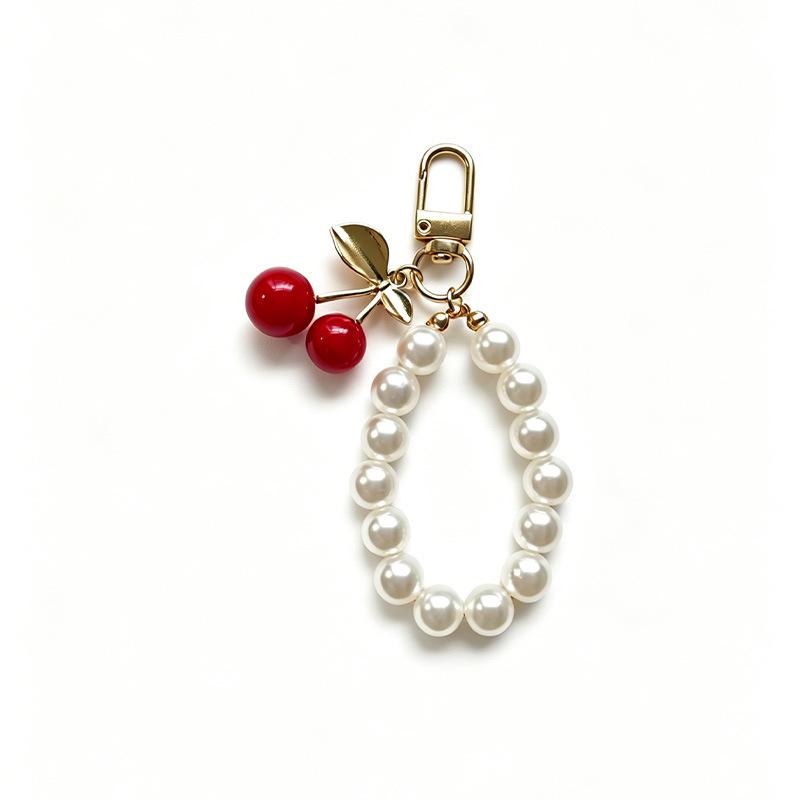 Handmade Imitation Pearl Cherry Keychain & Phone Charm Pendant