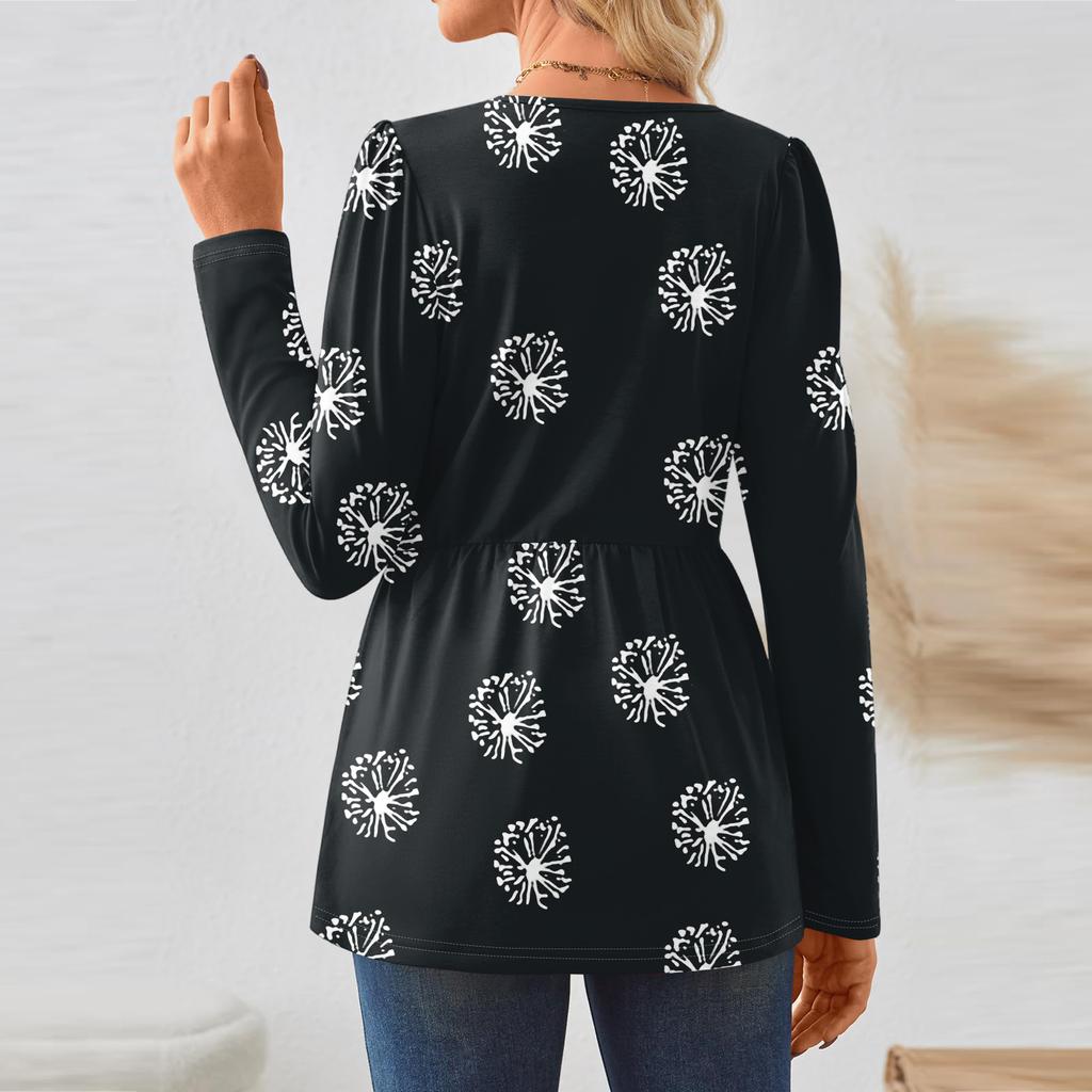 Women's Casual Fashion Long Sleeve Shirt Floral Printed Tunic Top