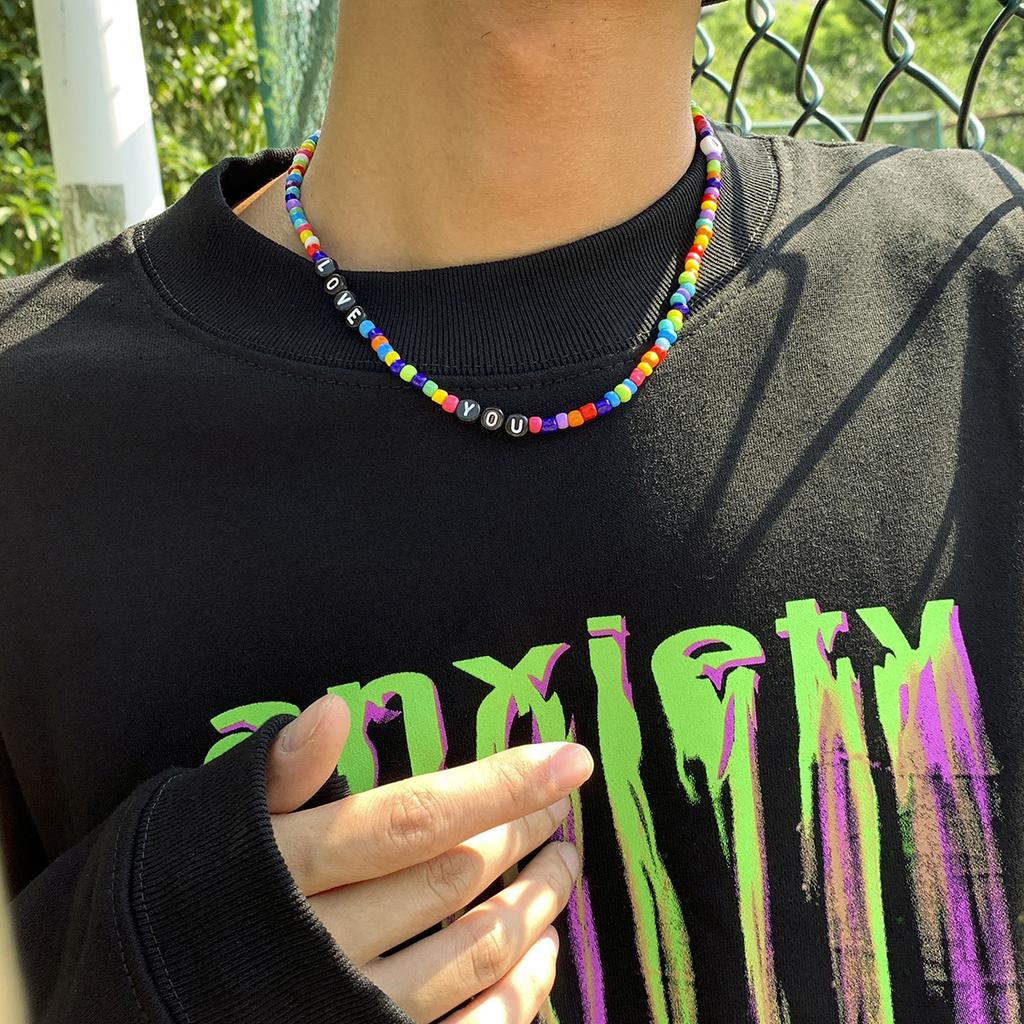 Trend Bohemia Regenbogenfarbe Samenperlen Kette Choker Halsketten für Damen Herren Koreanische Mode Kleine Liebesbrief Accessoires Schmuck