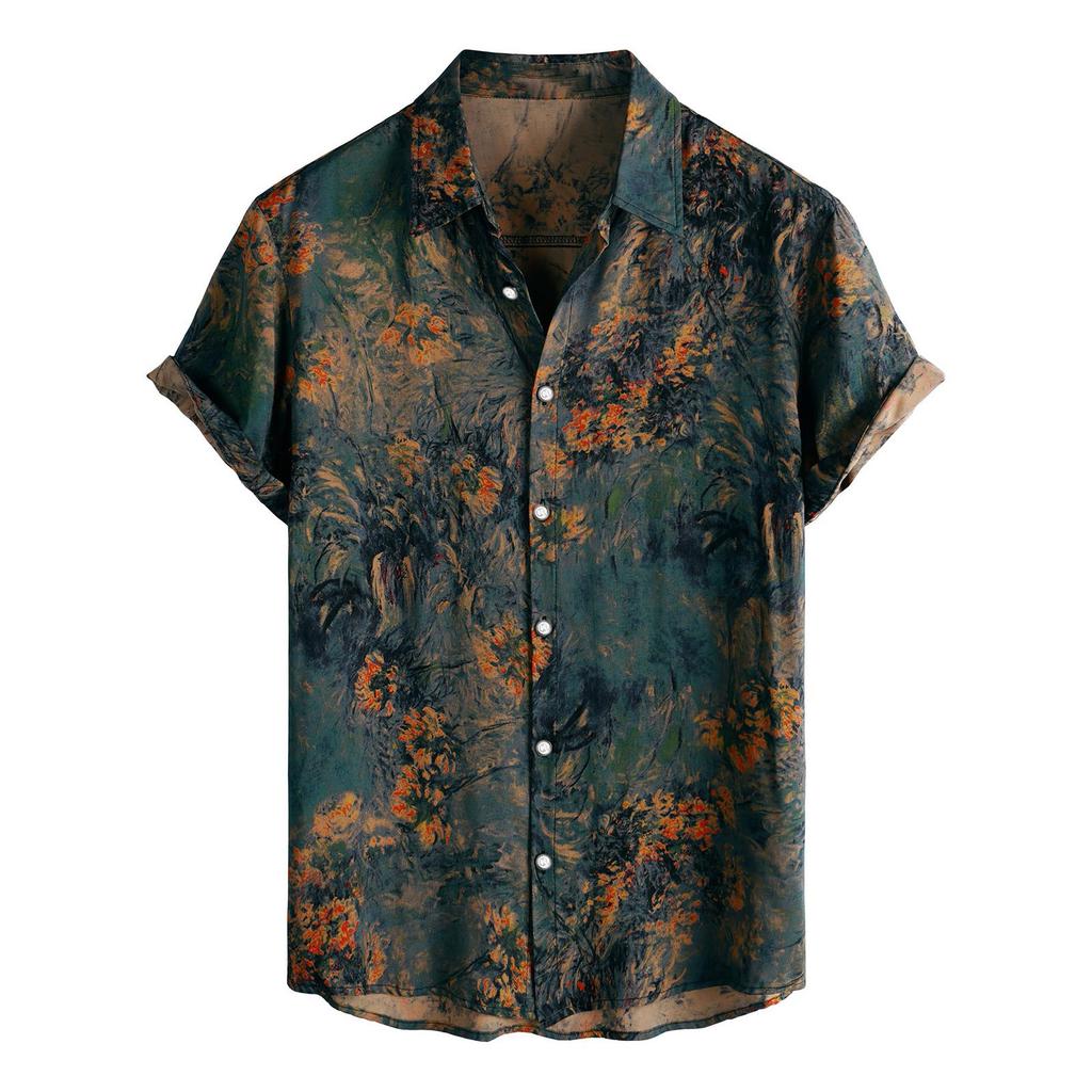 Men's Vintage Printed Short Sleeve Button Front Shirt Casual Open Collar Lightweight Summer Top