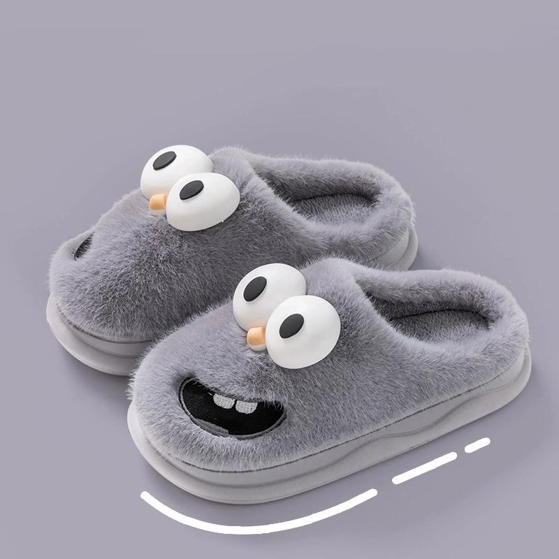 Cozy Big-Eyed Cartoon Dog Slippers: Warm Furry Cotton for Couples In Autumn Winter