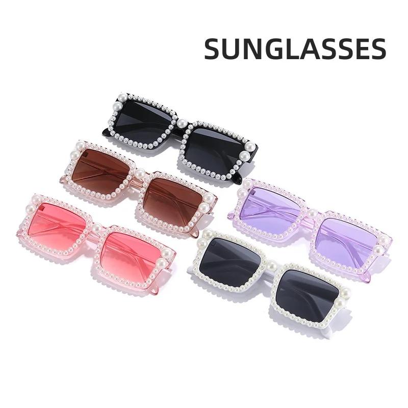 Women Fashion Pearl Sunglasses Unisex Outdoor Small Frame Jelly Color UV400 Sun Glasses Popular Square Hip Hop Glasses for Ladies