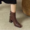 Women's Square Heel Ankle Boots Rear Zipper Retro Brown Soft Leather Short Boot Square Head Casual Sewing High Heel Women Shoes