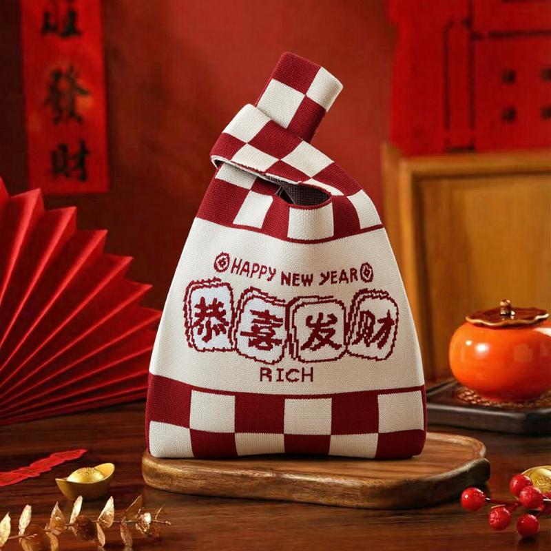 

Horse Year Knitted Storage Bag Large Capacity Portable Handbag New Year Casual Tote Bag For Daily Matching And Outings