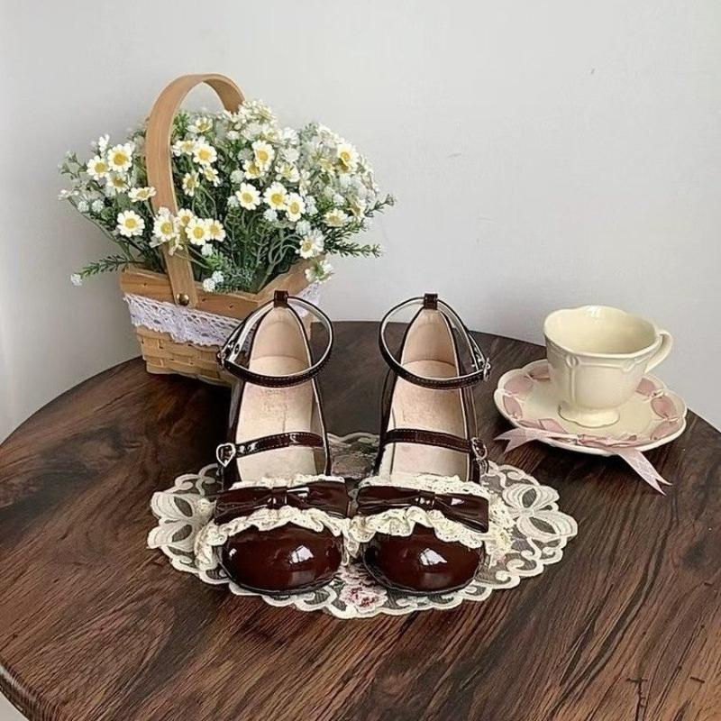 Zapatos Mary Jane de Cuero Pequeños de Moda para Mujer Versátiles de Tacón Marrón con Lazo Poco Profundo