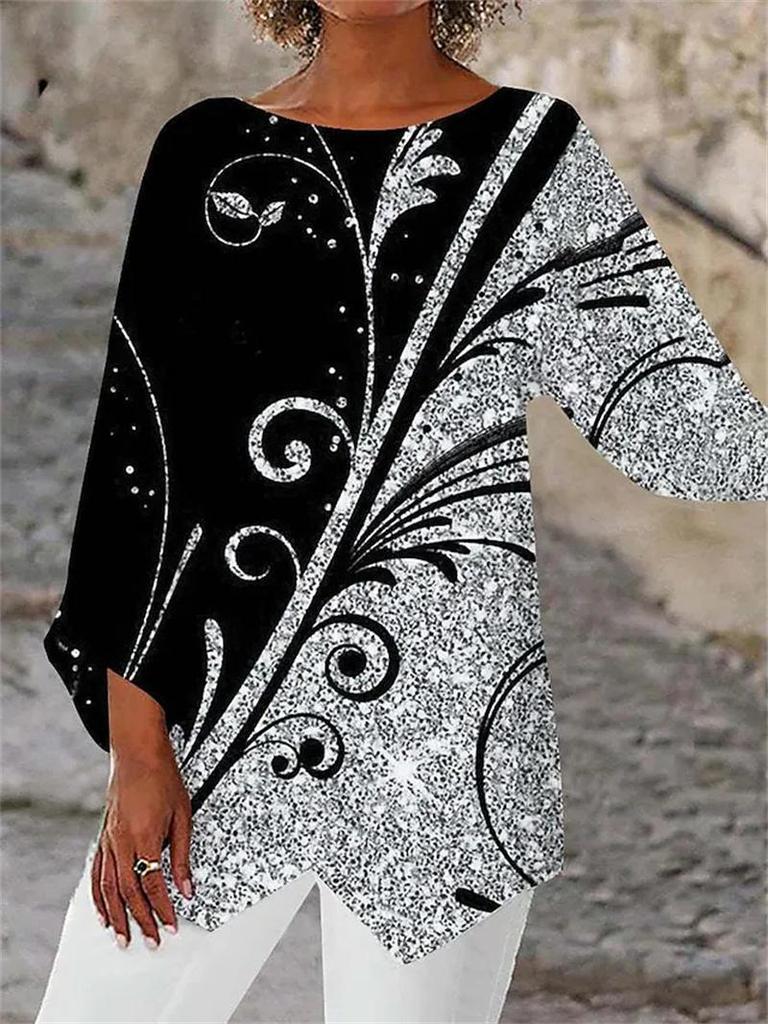 Fashion Geometric Printing Crew Neck Women Shirt Spring Summer Loose Plus Size Office Long Blouse Streetwear Casual Irregular Tops Elegant Clothing