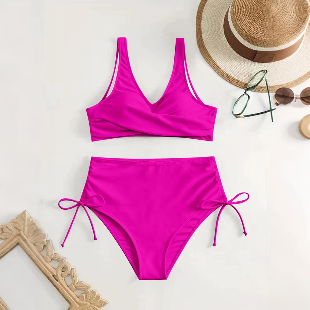 Women's High Waist Bikini Set with Drawstring Padded Cups Wire-Free Two Piece Swimwear for Beach Pool