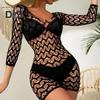 Women Summer Beach Cover up Hollow Out Long Sleeves Slim Fit Low cut V Neck Backless See through Bikini Beach Mini Dress Beach Mock
