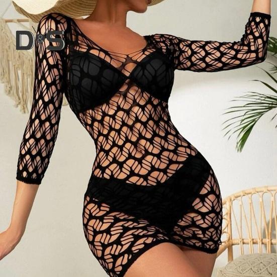 Women Summer Beach Cover up Hollow Out Long Sleeves Slim Fit Low cut V Neck Backless See through Bikini Beach Mini Dress Beach Mock