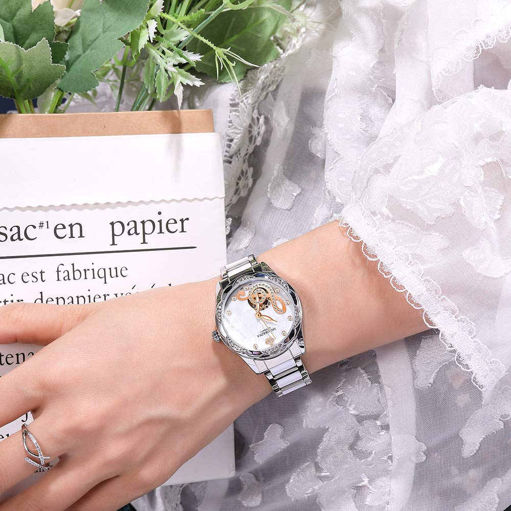 BOLYTE Fashionable Openwork Mechanical Watch Mother of Pearl Ceramic Stainless Steel Diamond Music Ladies Automatic Watch Waterproof Luminous Women's