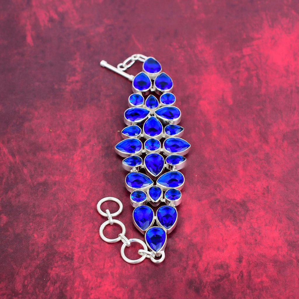 Blue Sapphire Bracelet, Handmade Gemstone Bracelet, 925 Solid Sterling Silver Antique Jewelry, For Engagement Gift