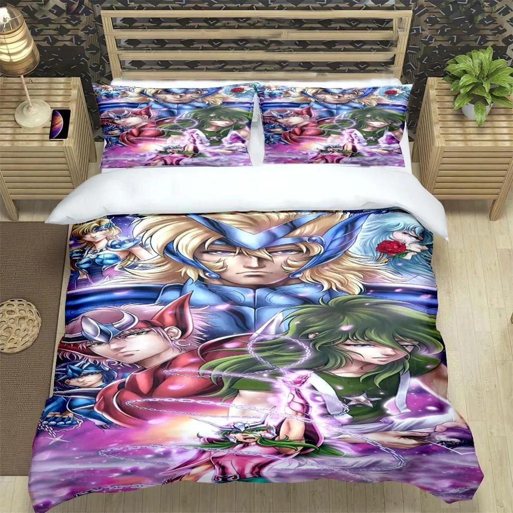 Saint Seiya 3D Bedding Set Black Duvet Quilt Cover Set Comforter Cover Pillowcase King Queen Size Polyester Quilt Cover