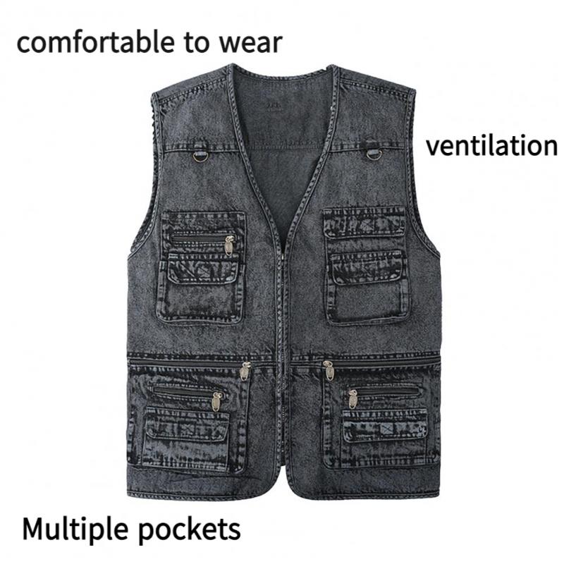 Spring Summer Men Vest Multiple Pockets Solid Color Streetwear Plus Size Loose V Neck Sleeveless Outerwear Waistcoat For Fishing