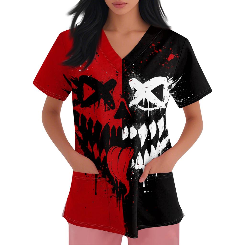 Women's Short-sleeved Halloween Print V-neck Pocket Protective Work Shirt