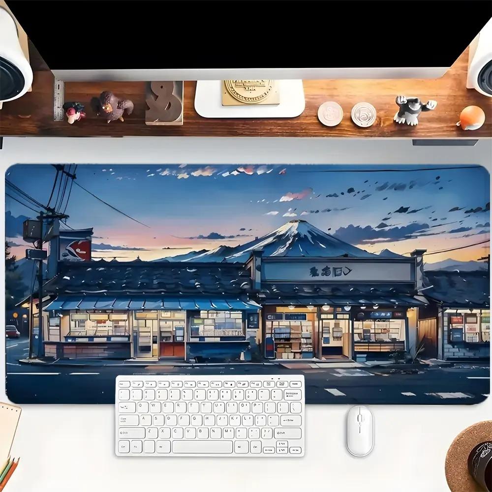 Town Scene Mouse Pad At Dusk Desktop Pad With Japanese Mountain Pattern Alfombrillas Gaming