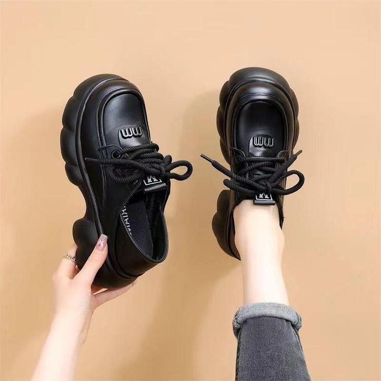 

Круглая головка весна и осень новые высокие нескользящие туфли на толстой подошве маленькие кожаные женские универсальные мокасины с завышенной талией женские одинарные туфли 35 чёрный