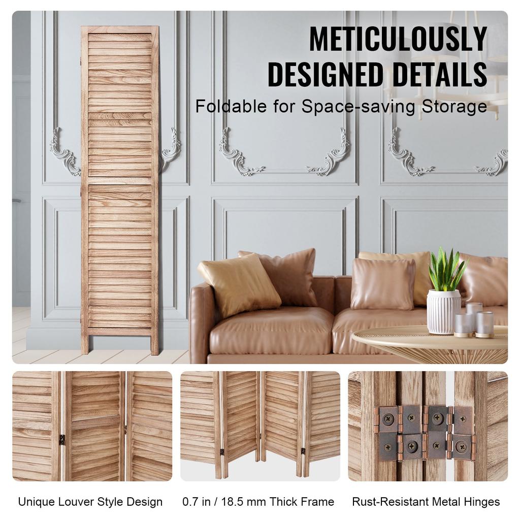 VEVOR Wood Room Divider, 8 Panel Wood Folding Privacy Screen, 66.9 Inches Tall Indoor Louvered Partition Divider, Portable Decoration Screen