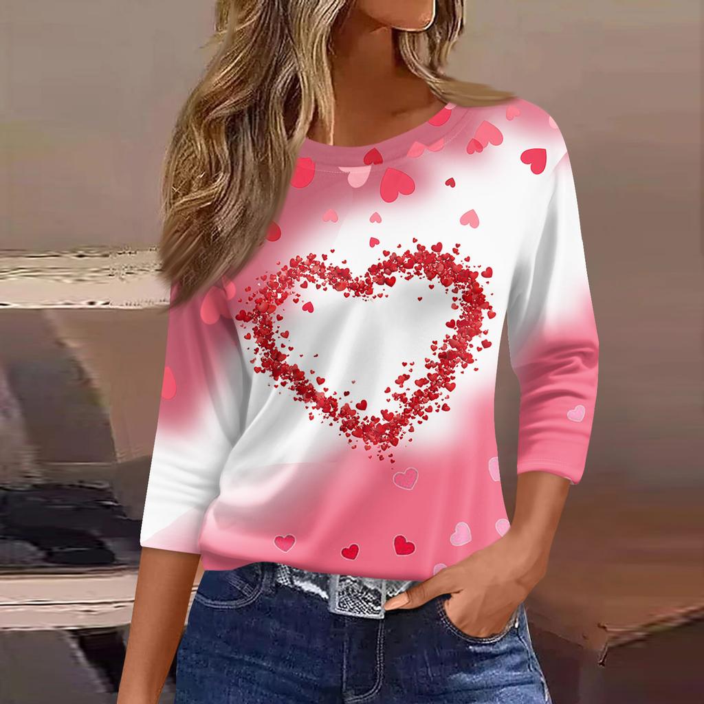 Women's Fashion Casual Round Neck 3/4 Sleeve Loose  Printed T-Shirt Ladies Top