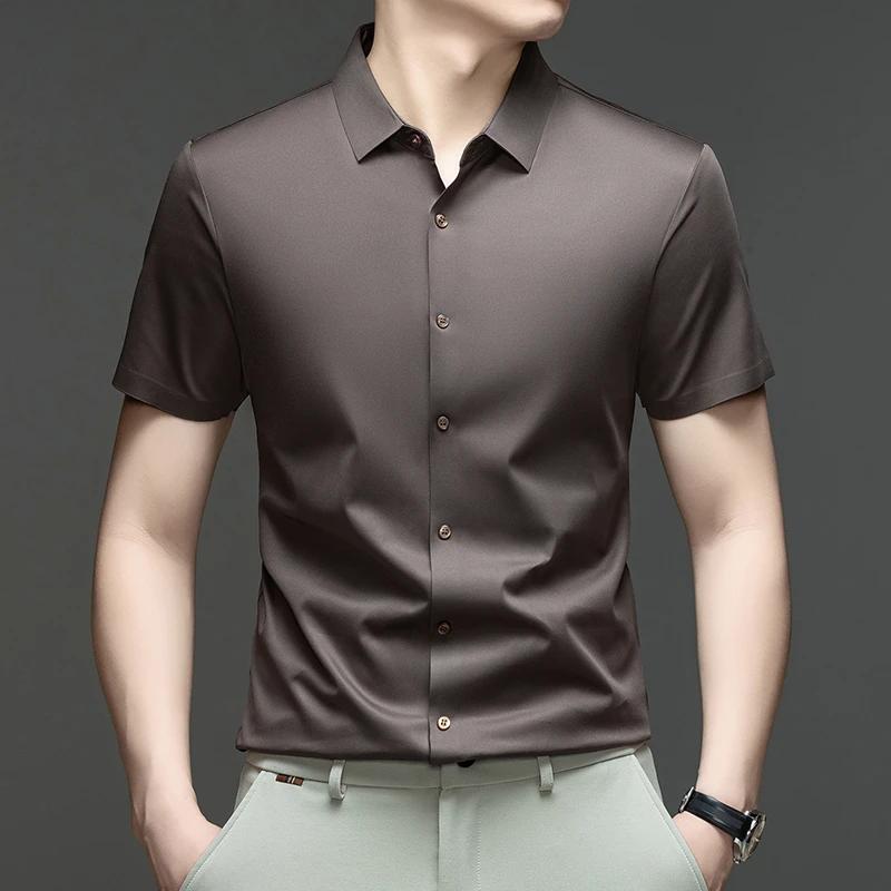 Summer Men Short Sleeve Button Up Shirt Ice Silk Casual Business Formal Shirt Breathable Wrinkle Free