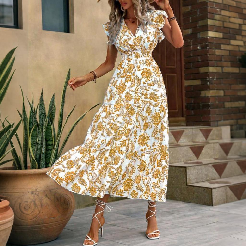 Bohemian Style Women's Summer V Neck Waist Cinched Floral Print Maxi Dress with Short Sleeves and Ruffled Hem for Casual Wear