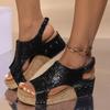 Fashion Bling Leather Sandals for Woman Sexy Peep Toe Hook Loop Wedge Sandalias Casual Wood Grain Platform Summer Roman Shoes