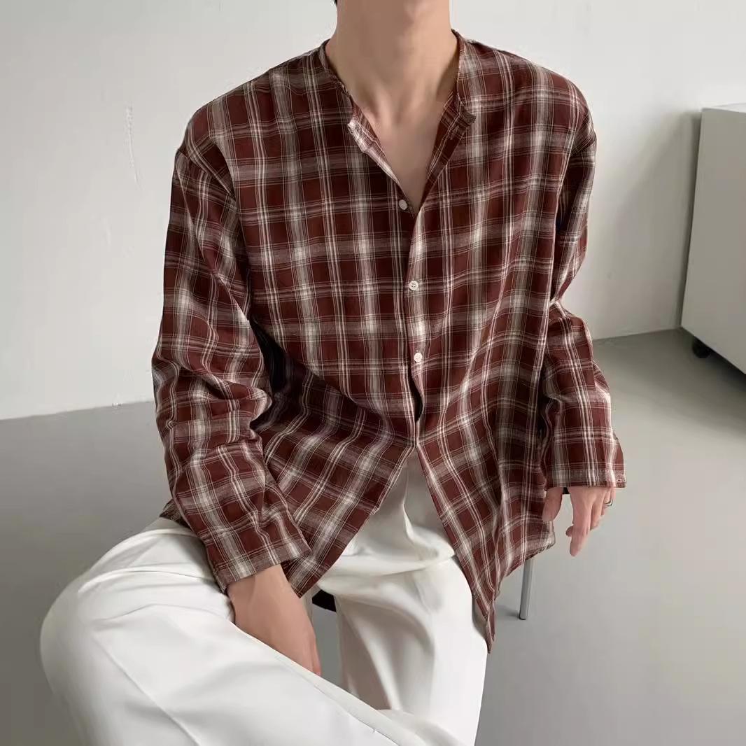 

Мужская осенняя клетчатая рубашка с длинным рукавом - Ретро круглый вырез, повседневная верхняя одежда Double Extra Large