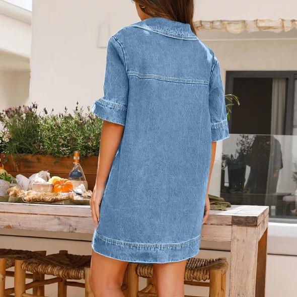 IHUASU Summer Spring Lapel Short-sleeved Baggy Denim Dress
