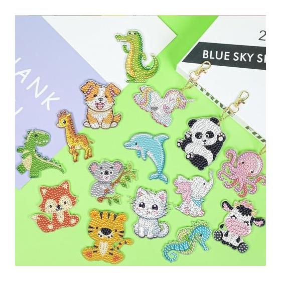 Diamond Art Animal Set of 15 Keychain DIY Kit Rhinestone Glitter Beads Charm Diamond Painting Pendant