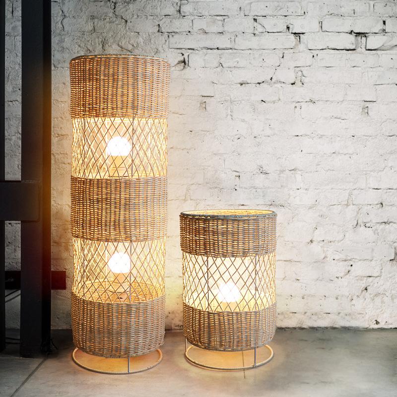 Japanese Style Rattan Floor Lamp Living Wicker Room Office Tea Room Floor Lights Art Deco E27 Bulb With Plug Adapter