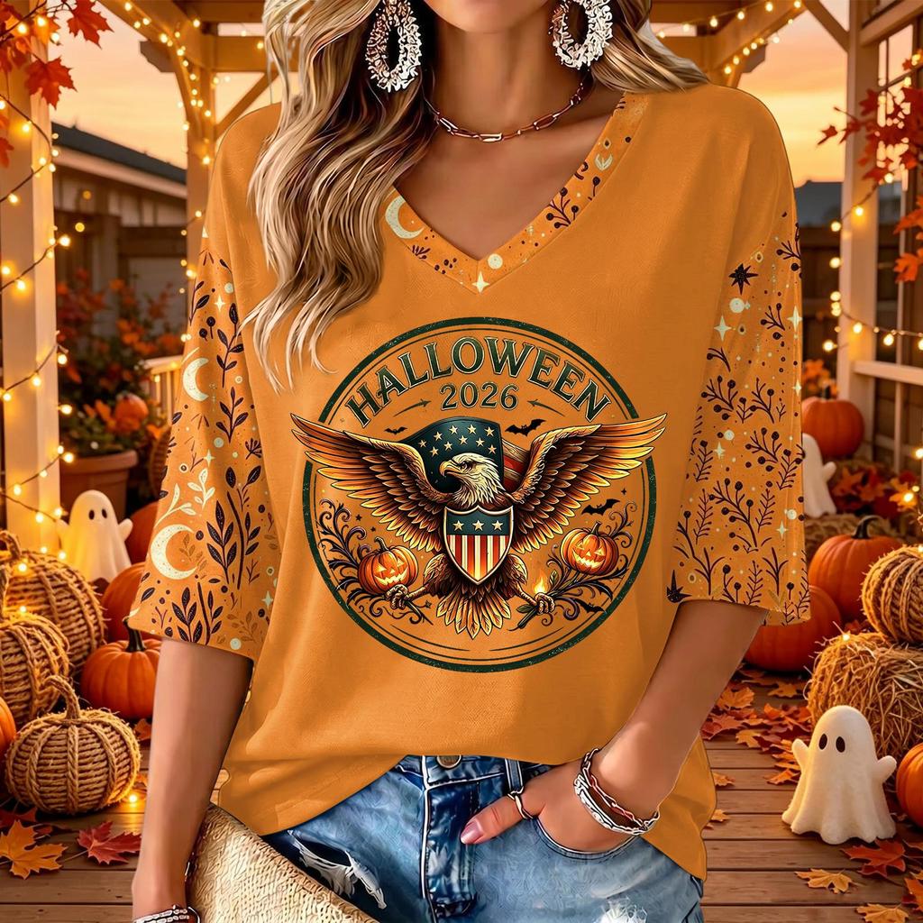 Women's Casual V-Neck 3/4 Sleeve Top with Halloween Print