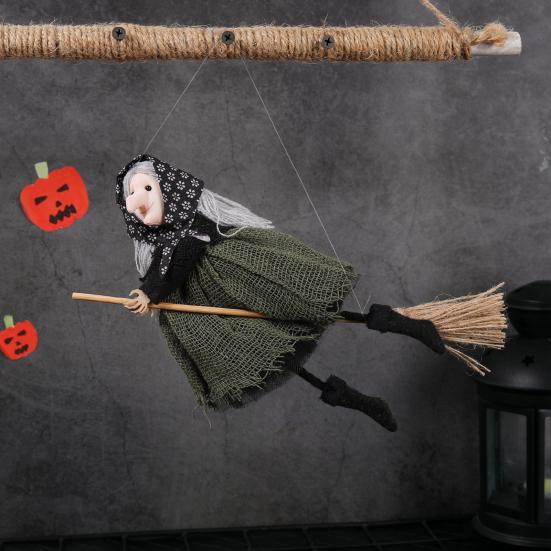 Halloween Witch Doll Small Hangable Witch Ornament Decorative Flying Witch Figurine On Broomstick for Indoor Outdoor Tree Home Kitchen Decor