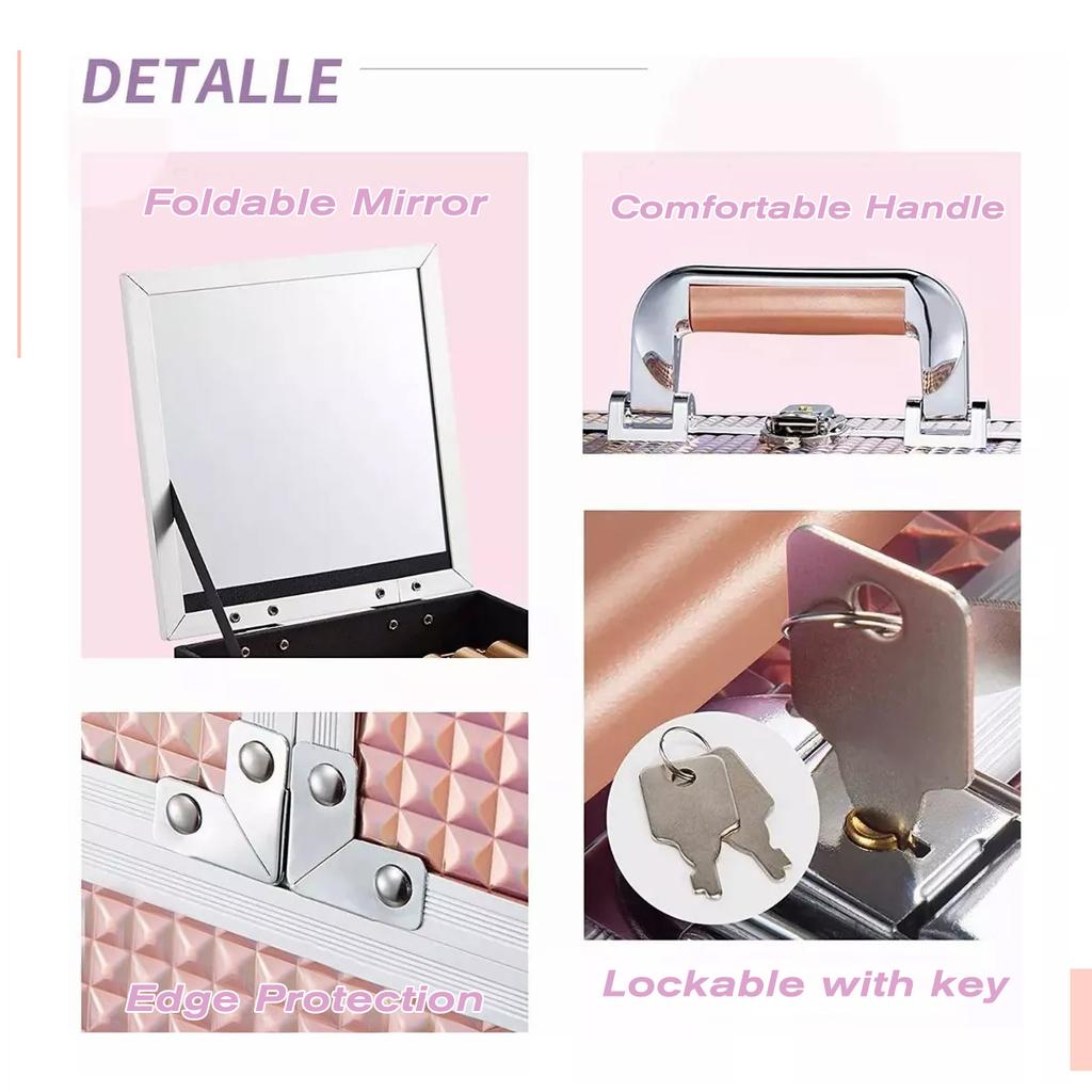 Diamond Pattern Three-layer Foldable Multifunctional Makeup Box with Mirror,Large Travel Cosmetics Case