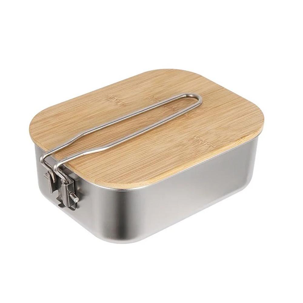 900ML Camping Bento Box Wooden Lid Lunch Box Stainless Steel Bento Box Outdoor Fishing Picnic Lunch Box Pot Chopping Board.