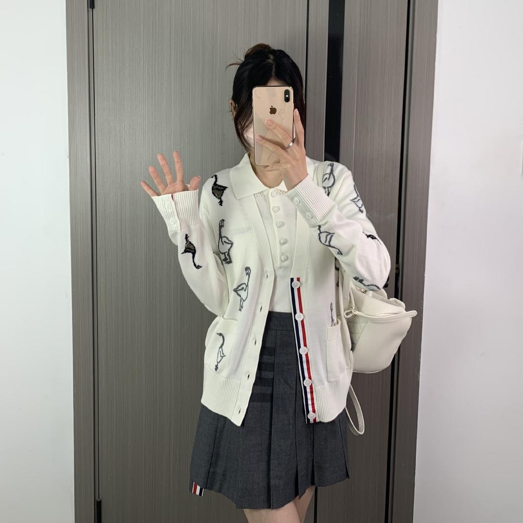 TB Cardigan New Women's High-end Versatile Striped Goose Embroidered Long-sleeved Knitted V-neck Cardigan Jacket