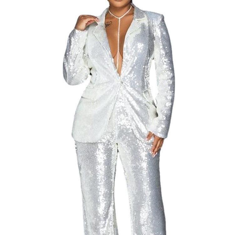 

European and American Sequin Suit: Women s Slimming Top and Long Pants Set S