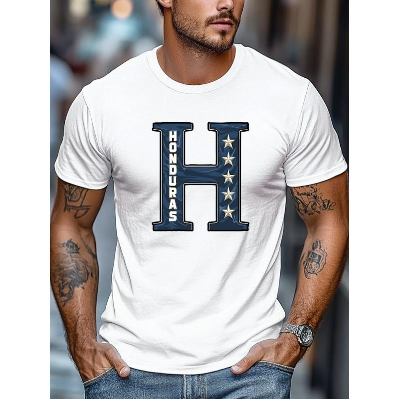European Sizes Men's T-shirt, Simple and Stylish, Comfortable and Versatile, Men's Honduras-Themed "H" Letter Graphic Summer Casual Crew Neck