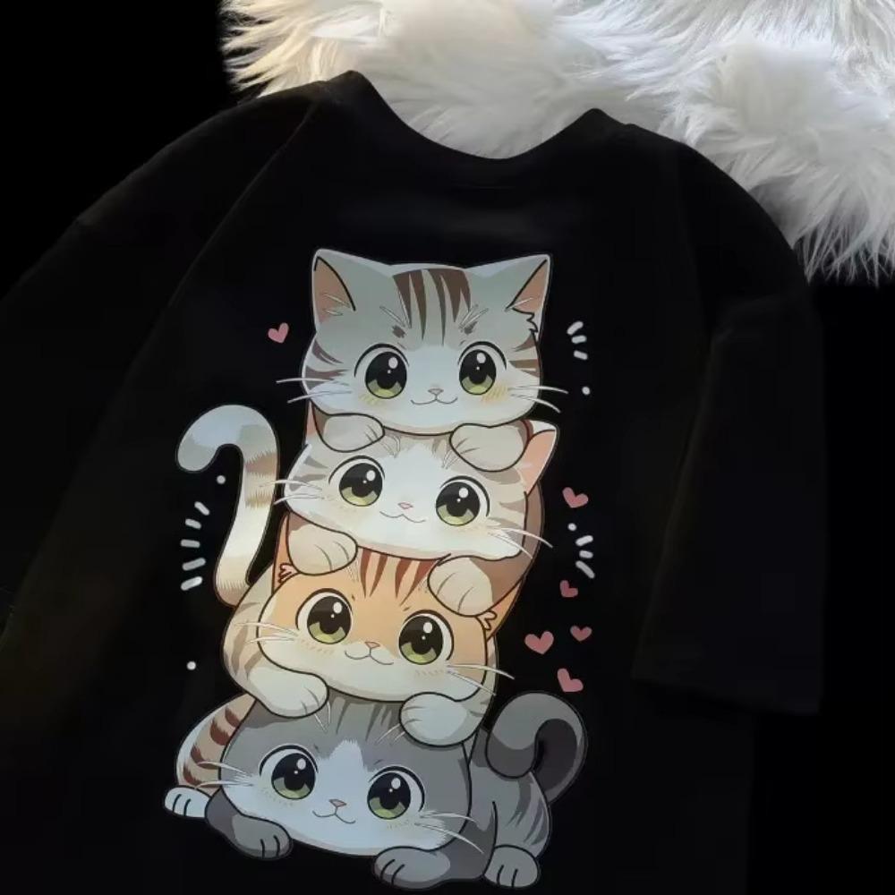 Summer Funny Cat Women's Cartoon Cat Printed Round Neck Short-sleeved T-shirt Woman Streetwaer Versatile Casual T-shirt