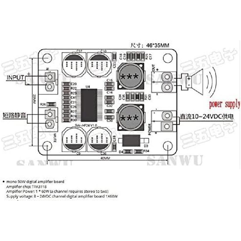 HiLetgo DC 8-26V TPA3118 PBTL Mono Digital Audio Amplifier Board AMP Module 1 * 60W for Arduino