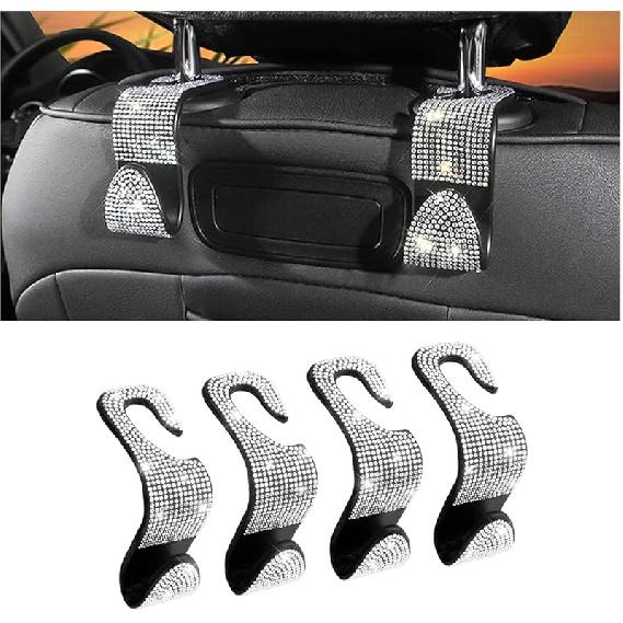 Bling Car Seat Headrest Hooks, 4PCS Handcrafted Rhinestones Seat Hanger Organizer For Handbag Purse Scarf, Universal For Cars, Auto Interior