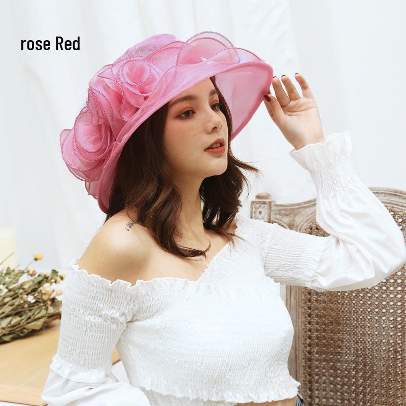 Damen Vintage Sonnenhut mit breiter Krempe und Organzablumen