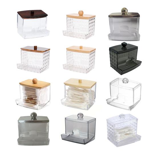 Storage Box with Bamboo Lid Dustproof Moisture Resistant Clear Acrylic Container Cotton Swabs Dental Floss Jewelry Organizer