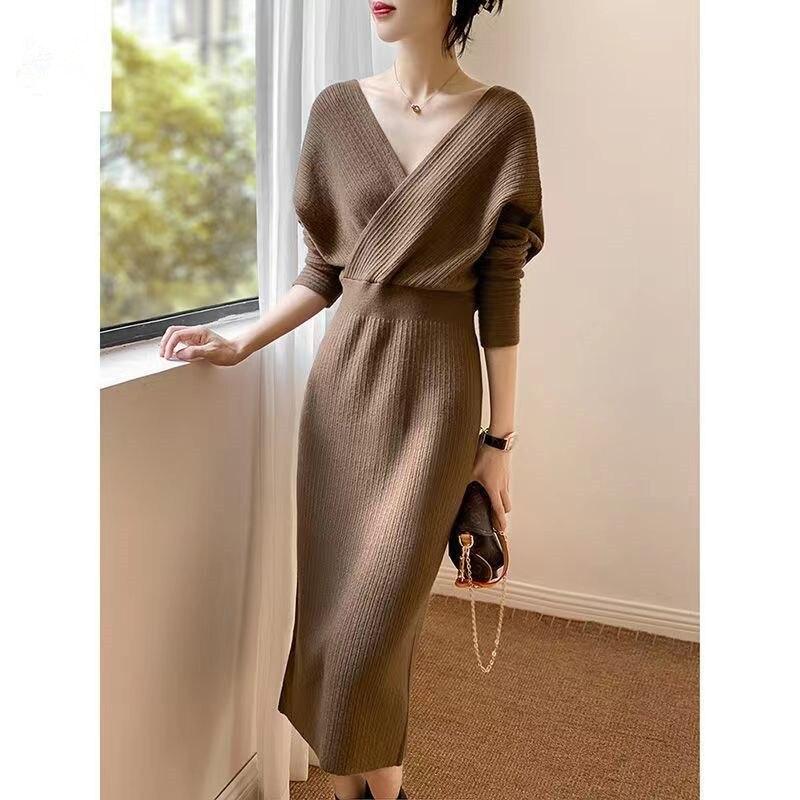 Pulover pulover toamna 2022 casual cu decolteu in V Pulover lung peste genunchi Pulover tricotat toamna si iarna topuri feminine