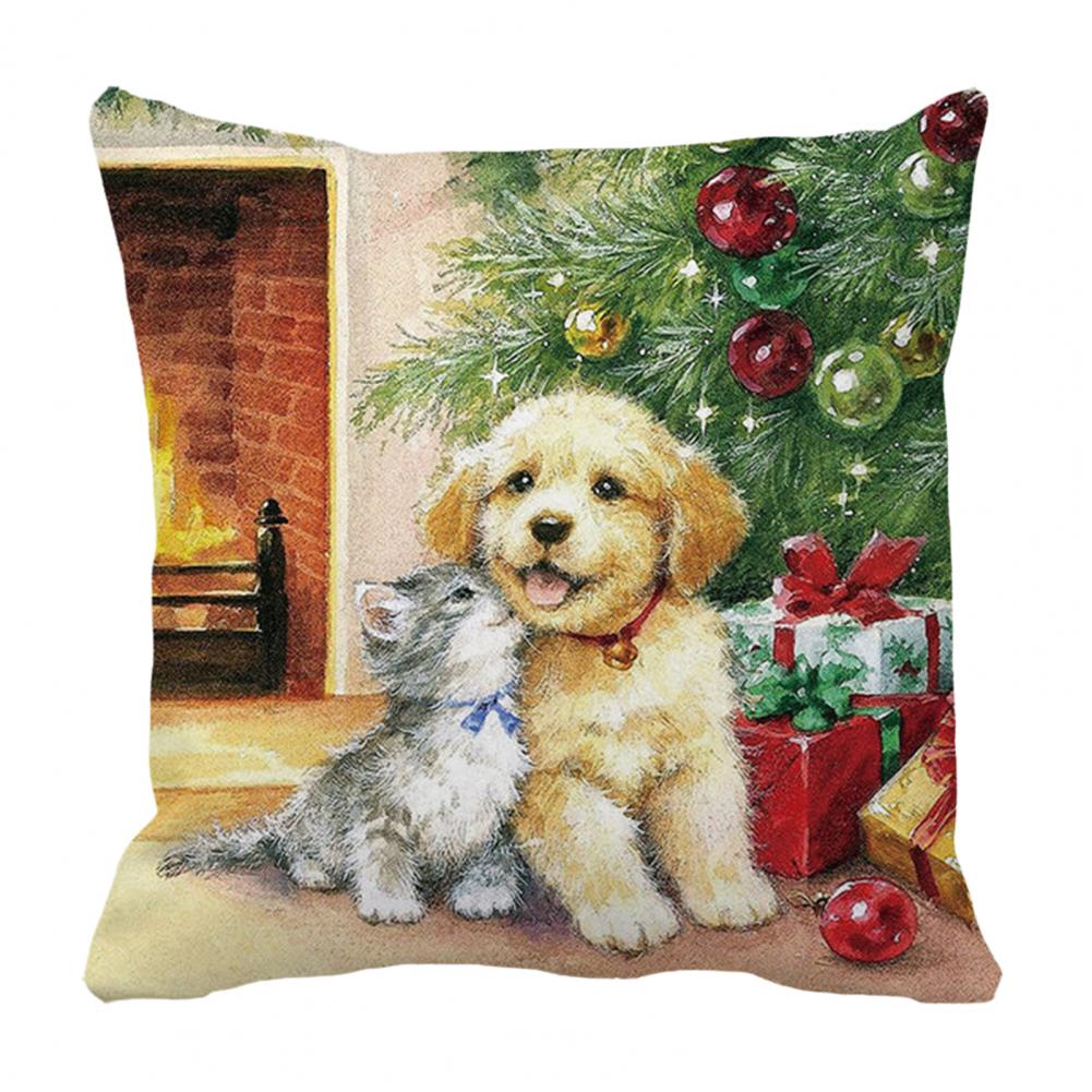 Christmas Gift Decoration Cute Cat Dog Print Cushion Cover Home Living Room Sofa Decoration Square Throw Pillow Cover