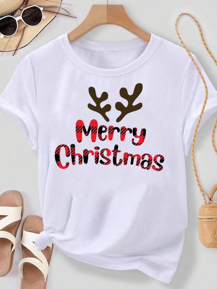 (Asian Size) Lovely Watercolor Cute Merry Christmas New Year Women's Top T Tee Festival O-neck Clothing Print Fashion Ladies Graphic T-shirts