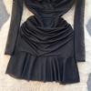 Women Casual Sleeve Long Neck V Solid Color Dress Waist High A Line Sheath Spring Elastic Mini