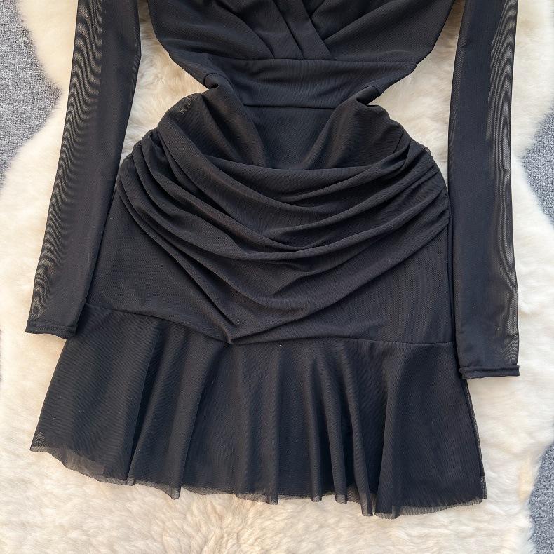 Women Casual Sleeve Long Neck V Solid Color Dress Waist High A Line Sheath Spring Elastic Mini