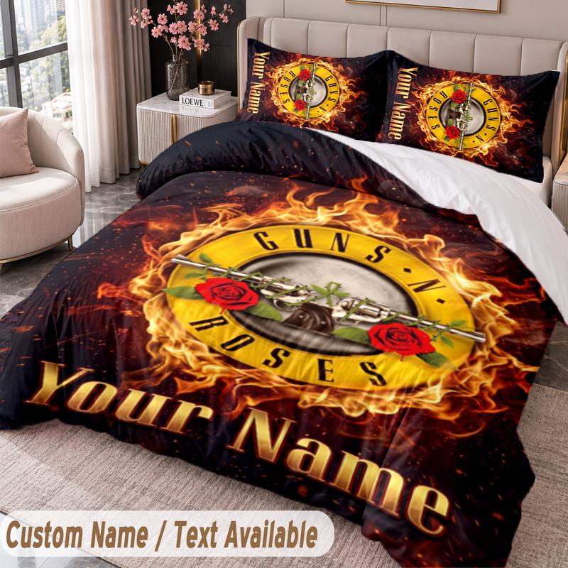 Guns N’ Roses Printed Bedding Set Custom Name Text 1 Duvet Cover 2 Pillowcases For Bedroom