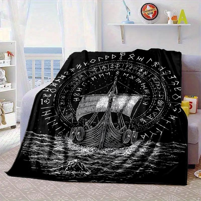 Viking Ship At Sea Blanket Flannel Blanket for Bed, Sofa, Camping, Hiking, Picnic Essentials, Gift for Family Fan Gifts